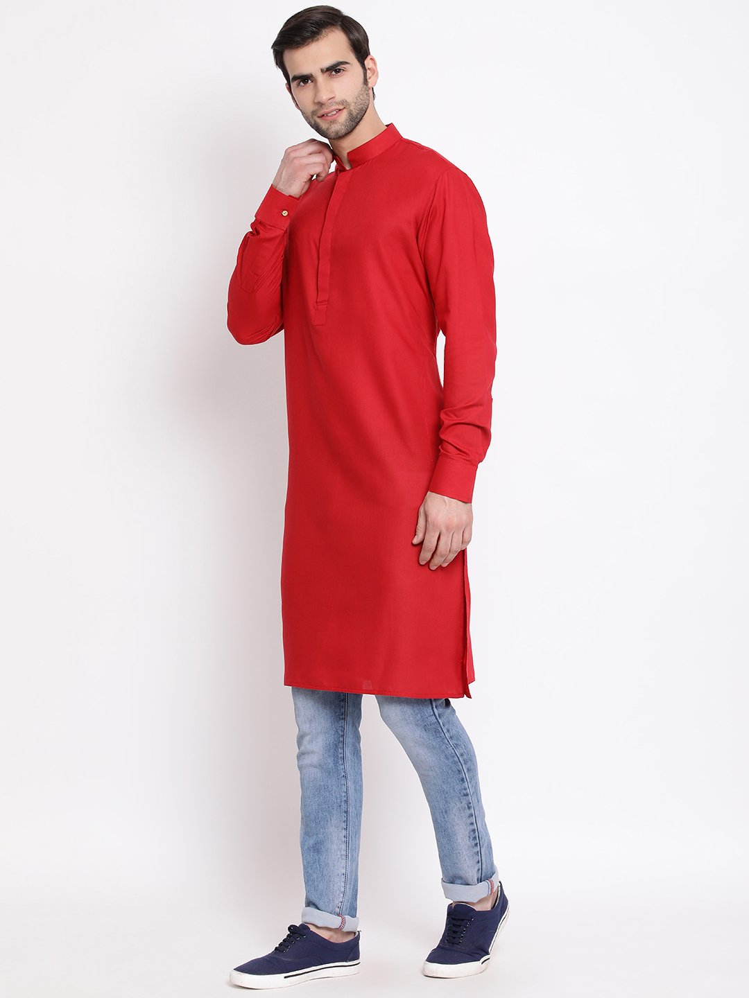 Men's Maroon Cotton Blend Kurta