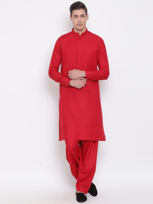 Men's Maroon Cotton Blend Kurta and Pyjama Set