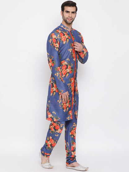 Men's Blue Floral Printed Kurta Pyjama Set With Leharia Border