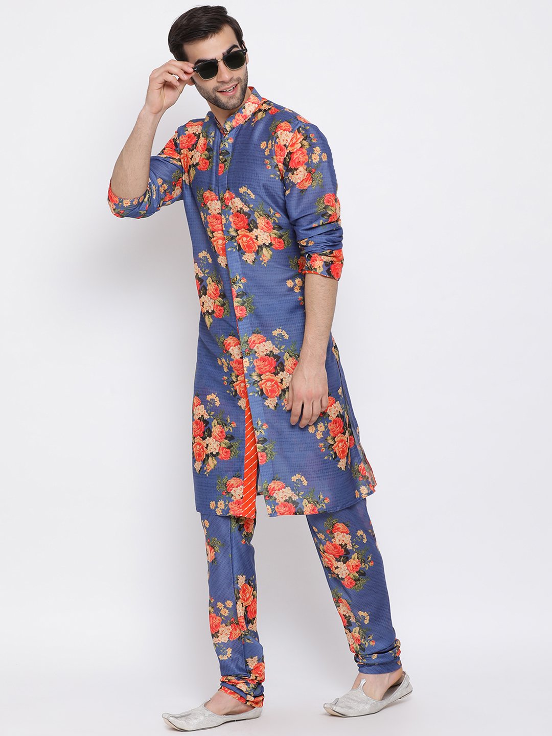 Men's Blue Floral Printed Kurta Pyjama Set With Leharia Border