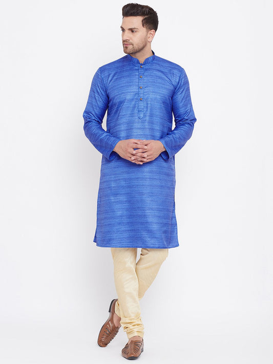 Men's Blue And Gold Silk Blend Kurta Pyjama Set