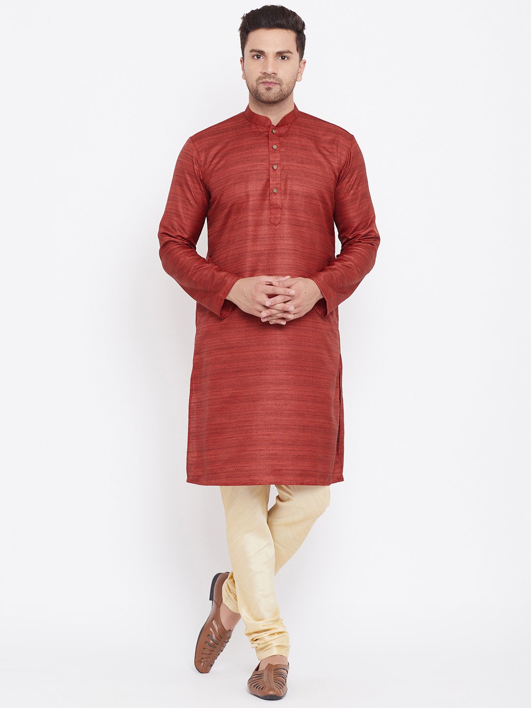 Men's Maroon And Gold Silk Blend Kurta Pyjama Set