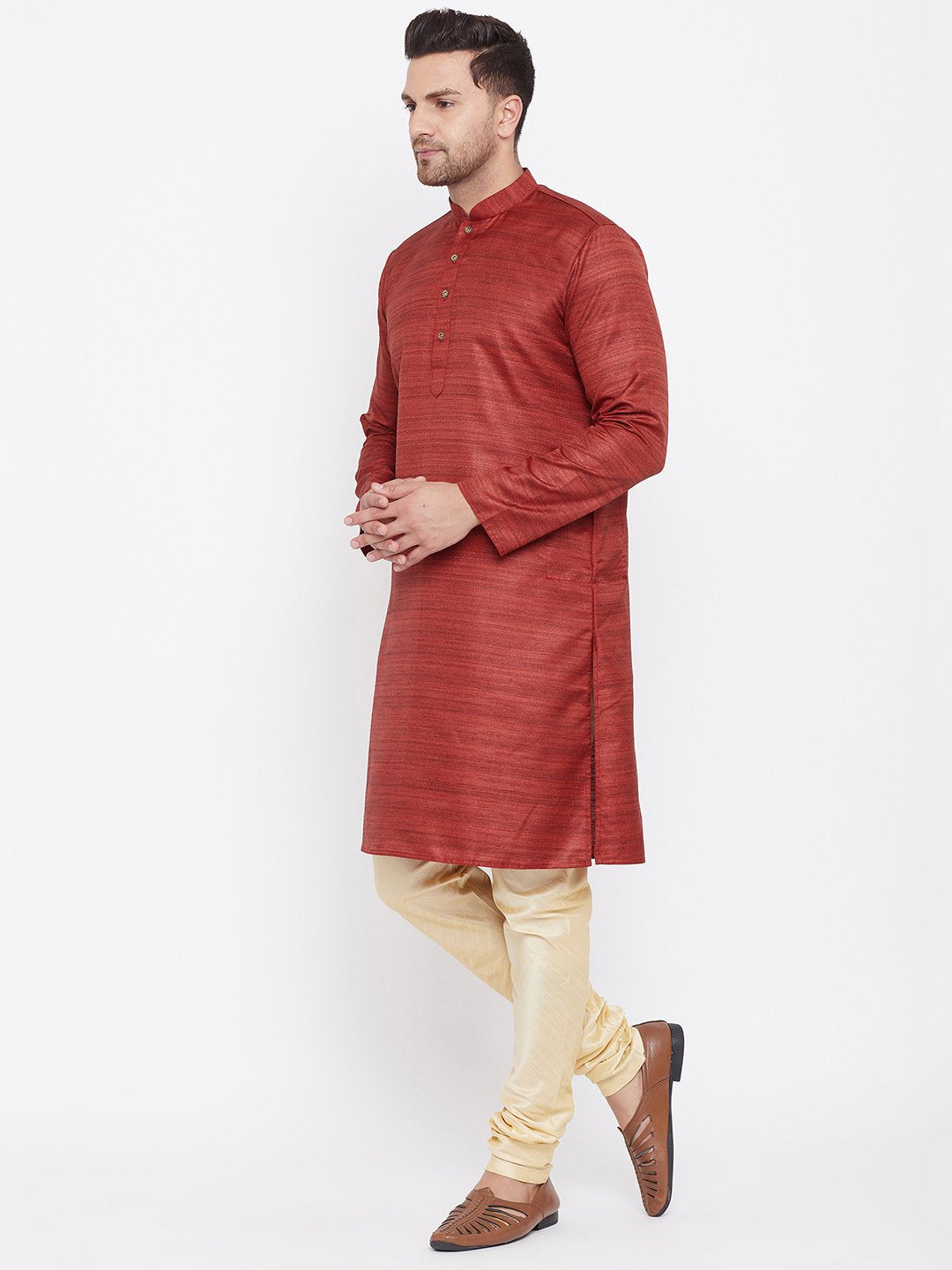 Men's Maroon And Gold Silk Blend Kurta Pyjama Set