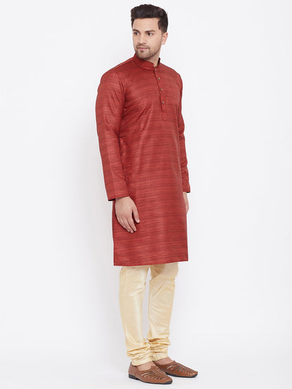 Men's Maroon And Gold Silk Blend Kurta Pyjama Set