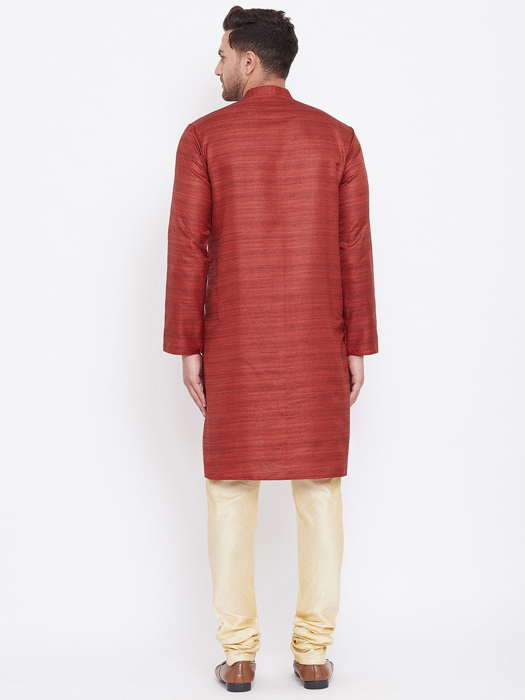 Men's Maroon And Gold Silk Blend Kurta Pyjama Set