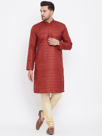 Men's Maroon And Gold Silk Blend Kurta Pyjama Set