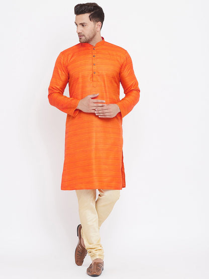 Men's Orange And Gold Silk Blend Kurta Pyjama Set