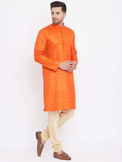 Men's Orange And Gold Silk Blend Kurta Pyjama Set