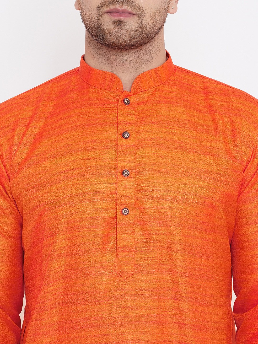 Men's Orange And Gold Silk Blend Kurta Pyjama Set