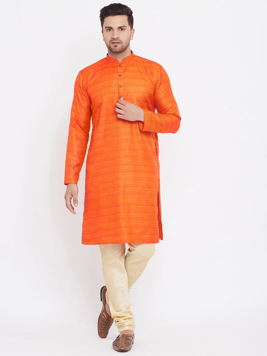 Men's Orange And Gold Silk Blend Kurta Pyjama Set