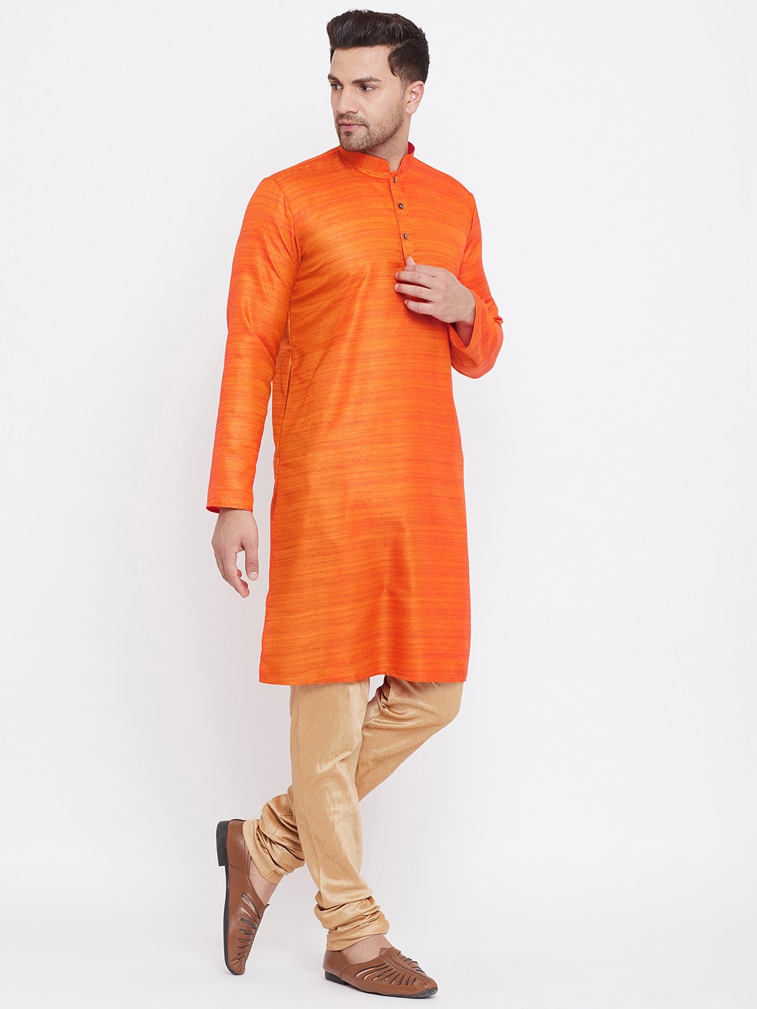 Men's Orange And Rose Gold Silk Blend Kurta Pyjama Set