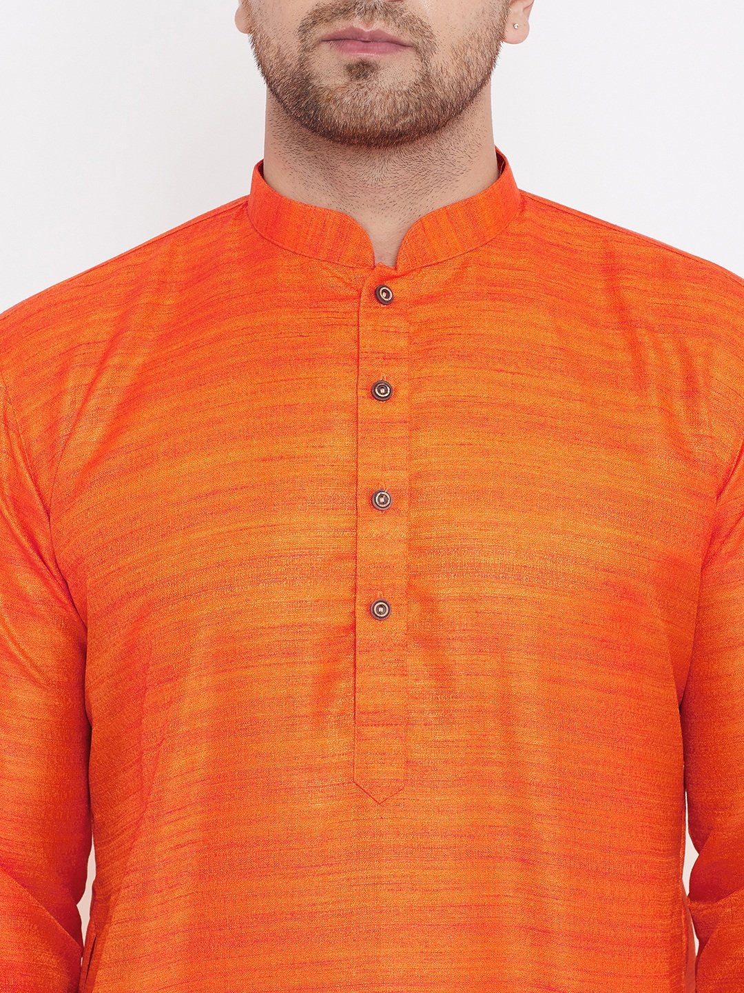 Men's Orange And Rose Gold Silk Blend Kurta Pyjama Set