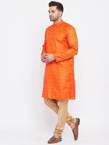 Men's Orange And Rose Gold Silk Blend Kurta Pyjama Set