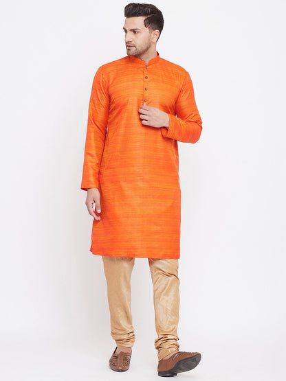 Men's Orange And Rose Gold Silk Blend Kurta Pyjama Set