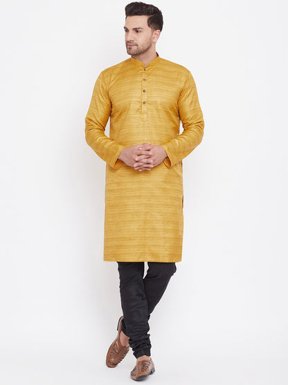 Men's Mustard And Black Silk Blend Kurta Pyjama Set