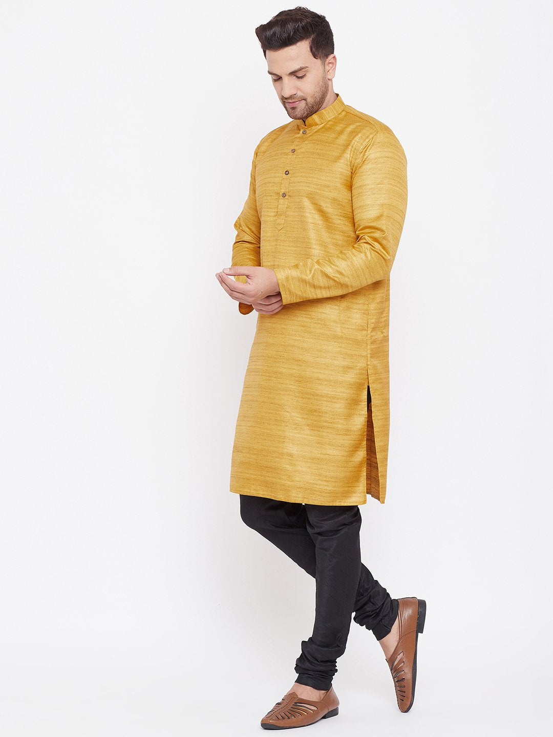 Men's Mustard And Black Silk Blend Kurta Pyjama Set