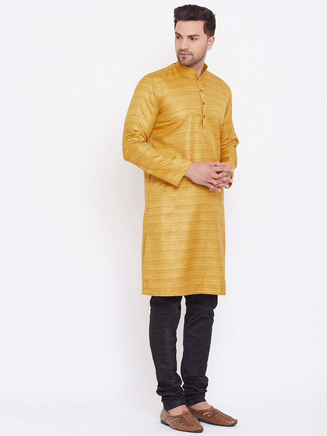 Men's Mustard And Black Silk Blend Kurta Pyjama Set