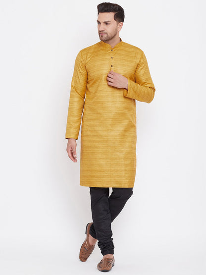 Men's Mustard And Black Silk Blend Kurta Pyjama Set