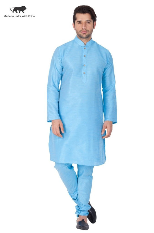 Men's Light Blue Silk Blend Kurta and Pyjama Set