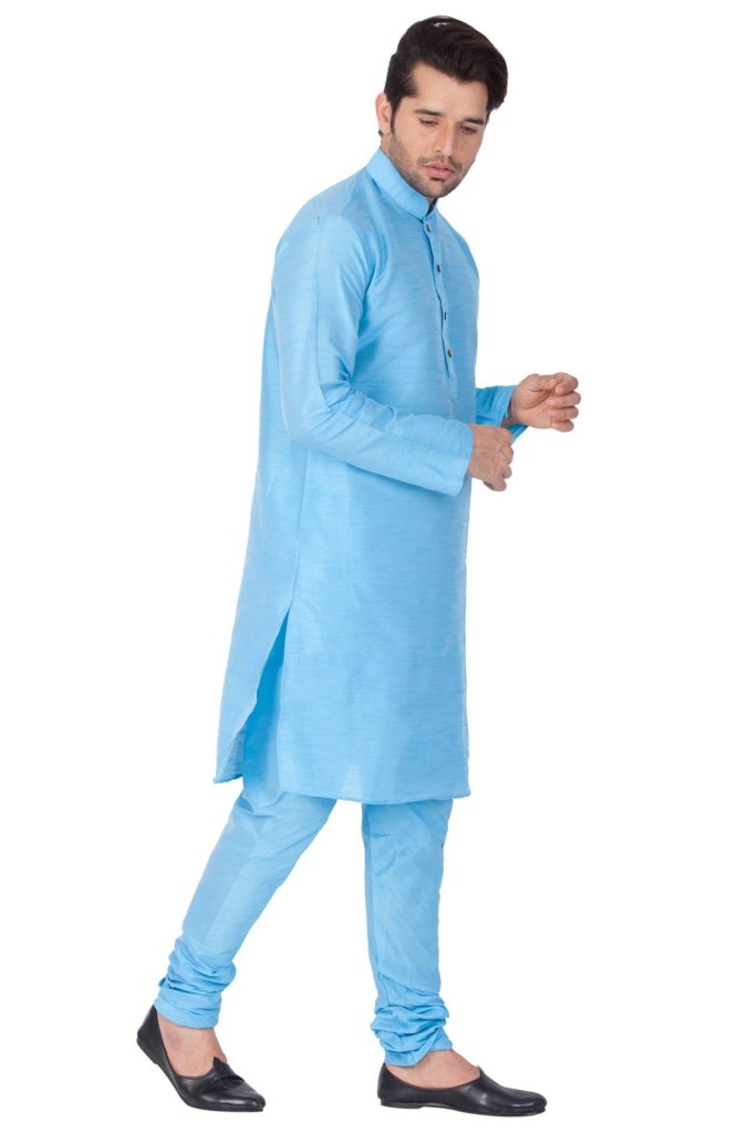 Men's Light Blue Silk Blend Kurta and Pyjama Set