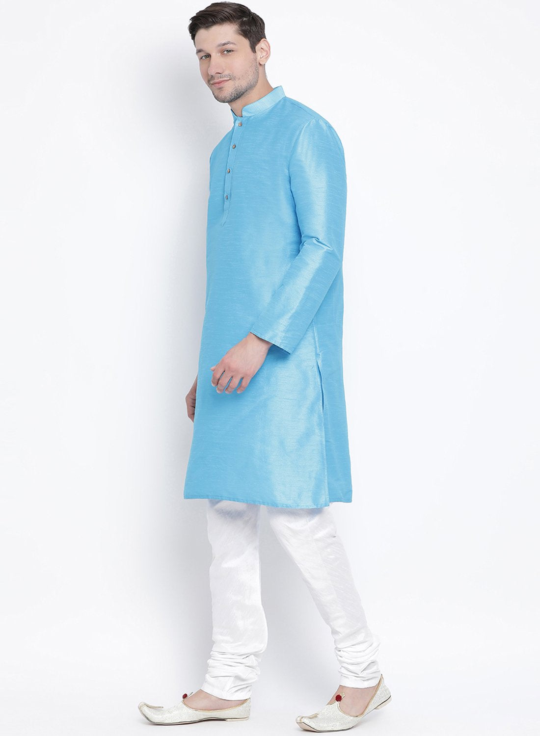 Men's Light Blue Silk Blend Kurta and Pyjama Set