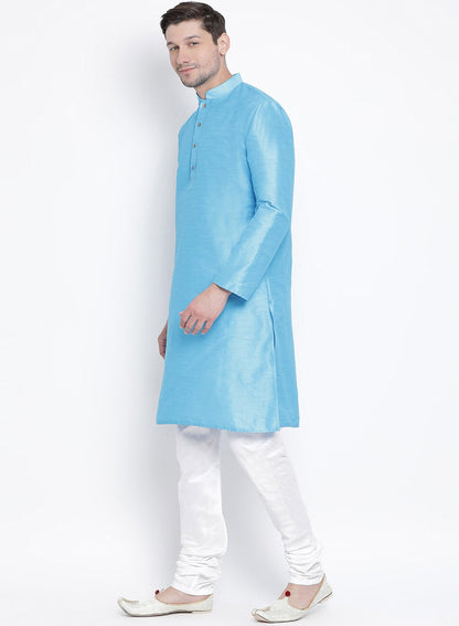 Men's Light Blue Silk Blend Kurta and Pyjama Set