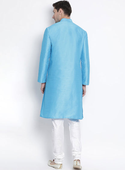 Men's Light Blue Silk Blend Kurta and Pyjama Set