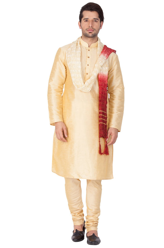 Men's Gold Silk Blend Kurta, Pyjama & Dupatta Set