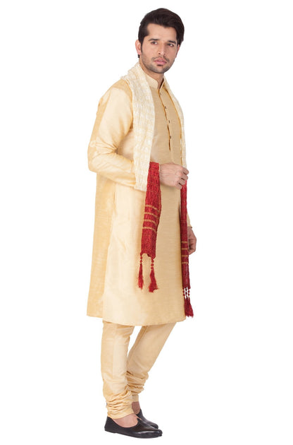 Men's Gold Silk Blend Kurta, Pyjama & Dupatta Set