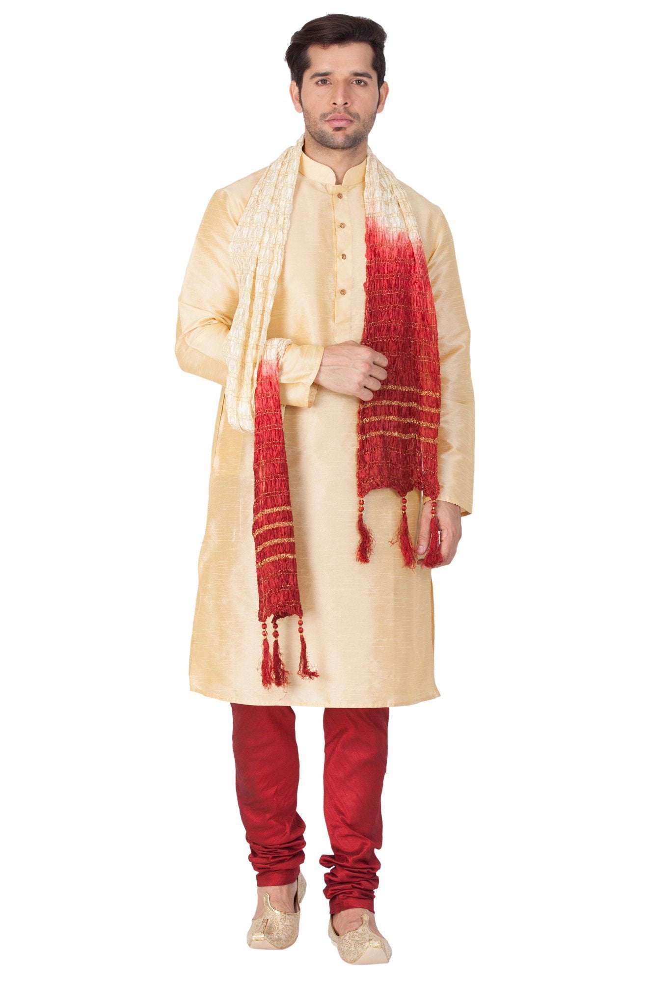 Men's Gold Silk Blend Kurta, Pyjama & Dupatta Set