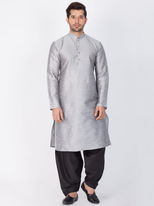 Men's Grey Cotton Silk Blend Kurta and Dhoti Pant Set