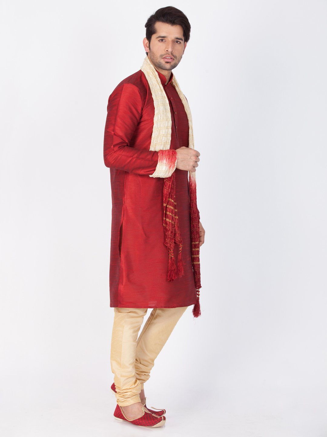 Men's Maroon Silk Blend Kurta, Pyjama & Dupatta Set