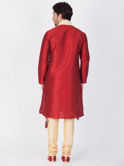 Men's Maroon Silk Blend Kurta, Pyjama & Dupatta Set