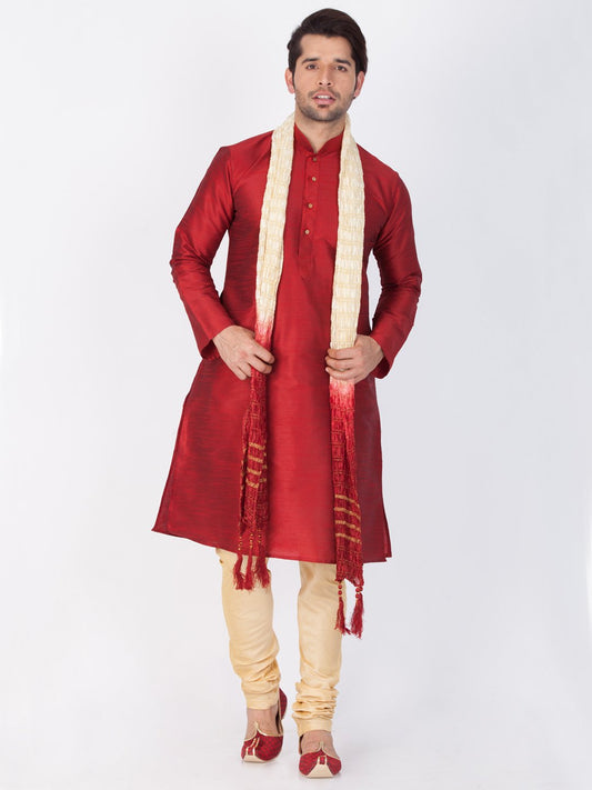 Men's Maroon Silk Blend Kurta, Pyjama & Dupatta Set