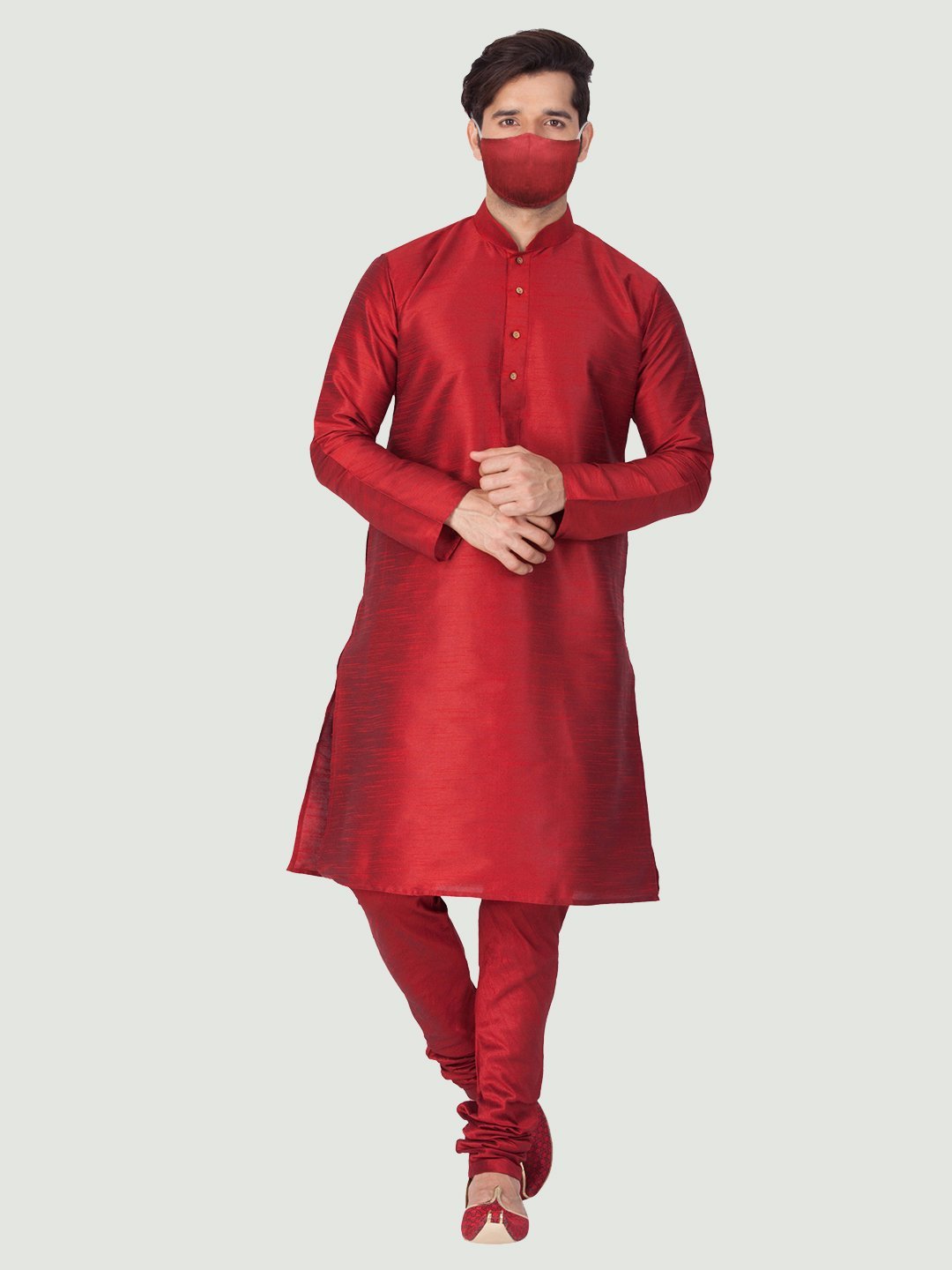 Men's Maroon Silk Blend Kurta and Pyjama Set