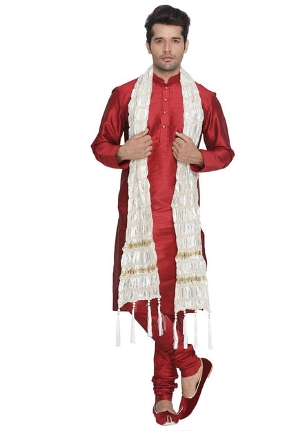 Men's Maroon Silk Blend Kurta, Pyjama & Dupatta Set