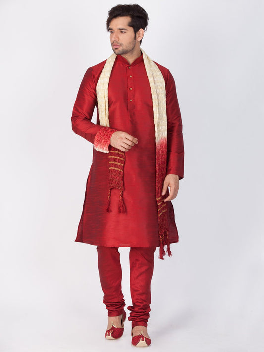 Men's Maroon Cotton Silk Blend Kurta, Pyjama &amp; Dupatta Set