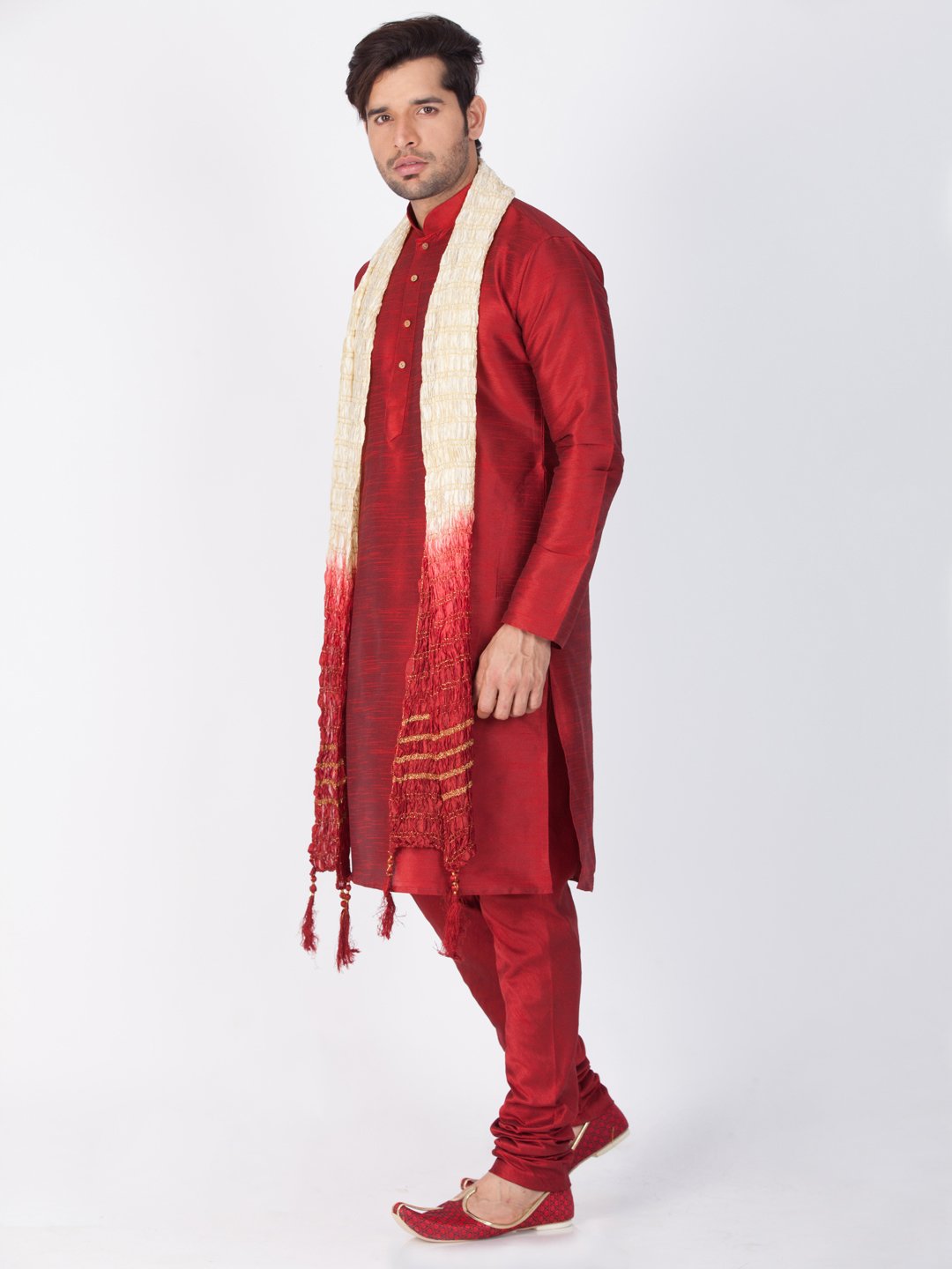 Men's Maroon Silk Blend Kurta, Pyjama & Dupatta Set