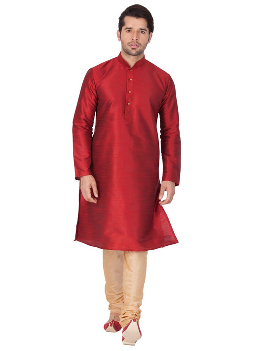 Men's Maroon Silk Blend Kurta and Pyjama Set