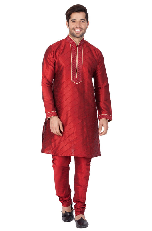 Men's Maroon Cotton Silk Blend Kurta and Pyjama Set