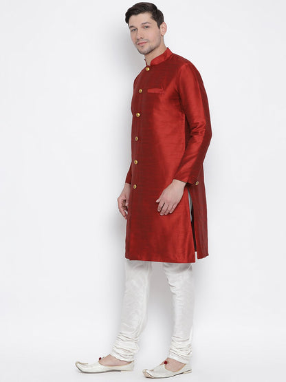 Men's Maroon Cotton Silk Blend Kurta and Pyjama Set