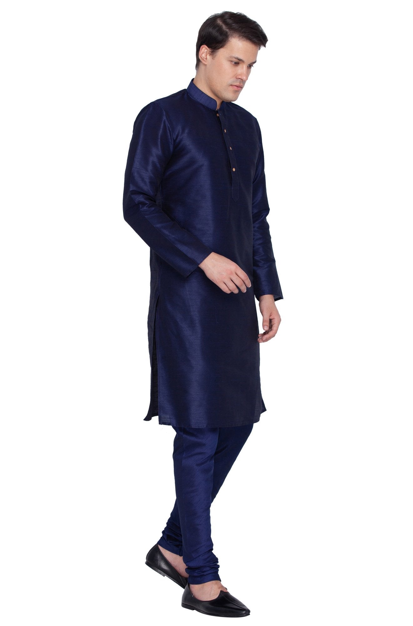 Men's Dark Blue Silk Blend Kurta and Pyjama Set