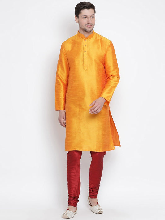 Men's Orange Silk Blend Kurta and Pyjama Set