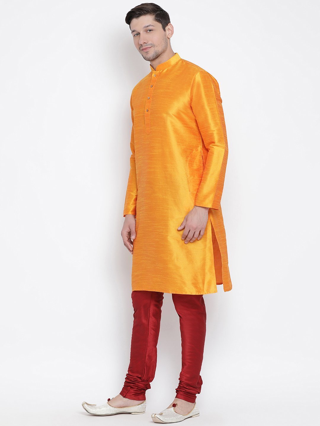 Men's Orange Silk Blend Kurta and Pyjama Set