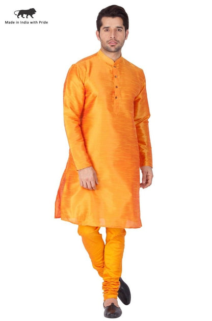 Men's Orange Silk Blend Kurta and Pyjama Set