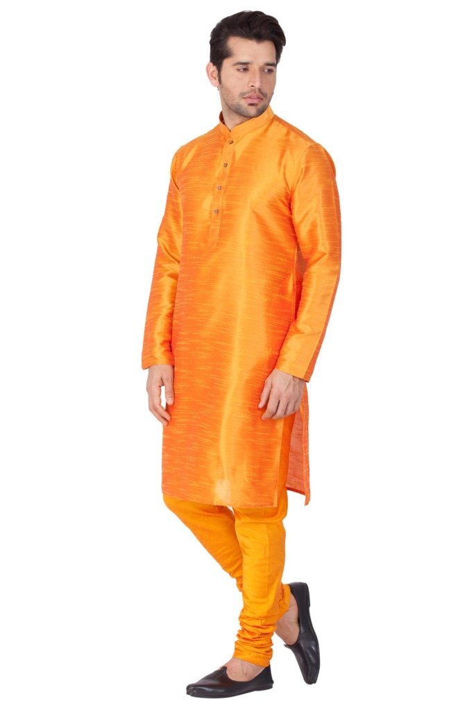 Men's Orange Silk Blend Kurta and Pyjama Set