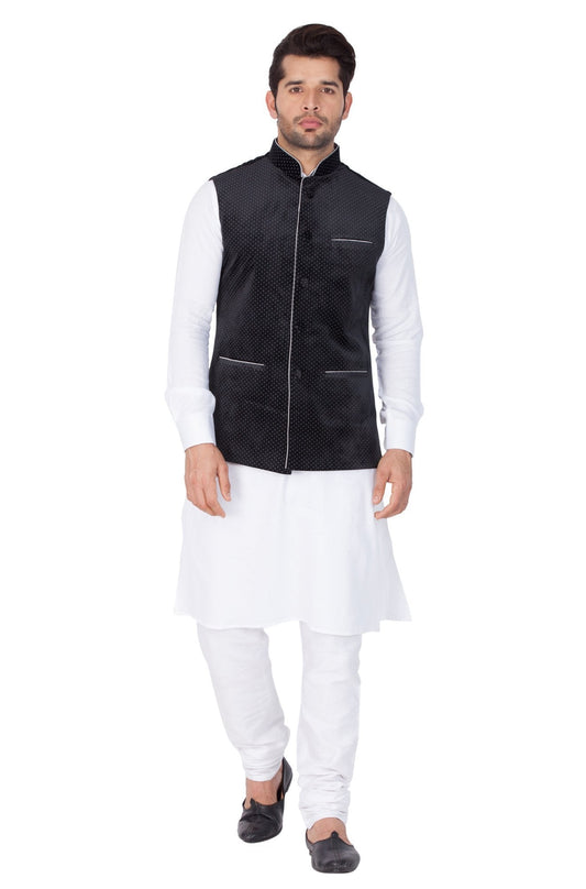 Men's White Cotton Kurta, Ethnic Jacket and Pyjama Set