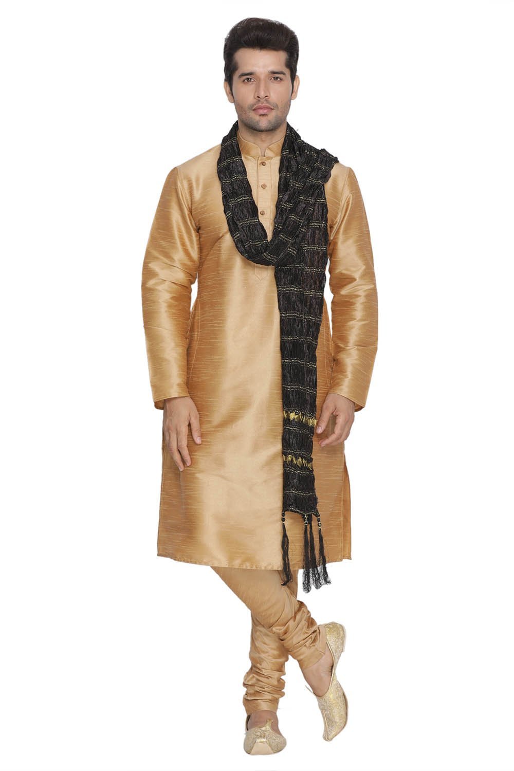 Men's Gold Silk Blend Kurta, Pyjama & Dupatta Set