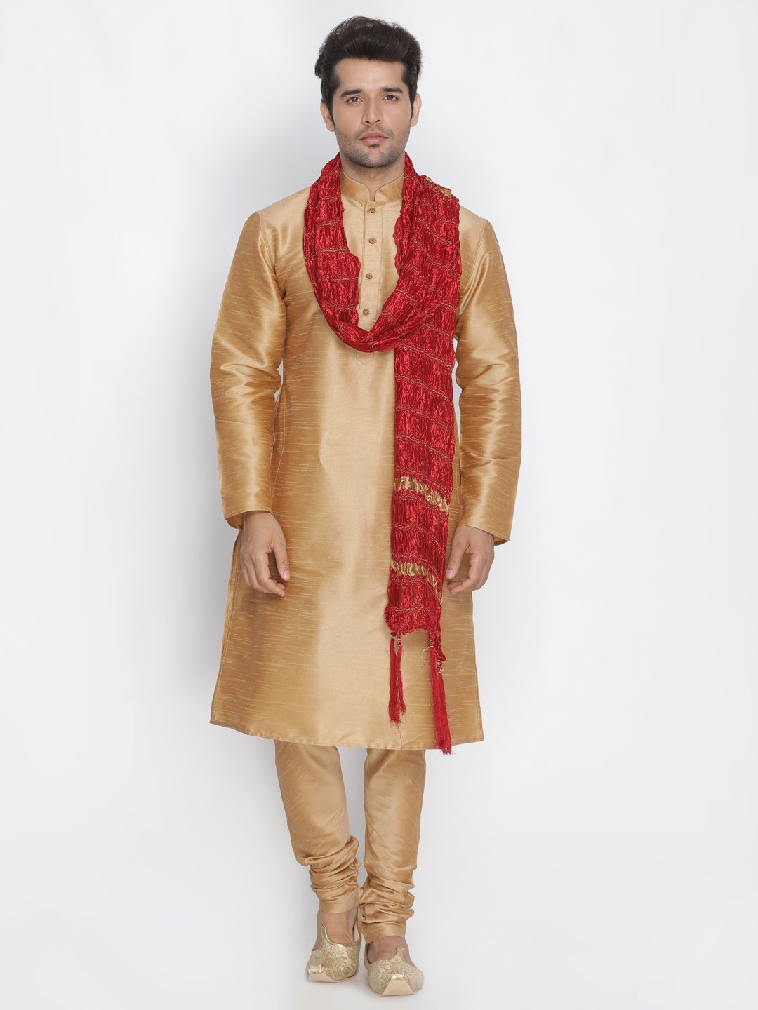 Men's Gold Silk Blend Kurta, Pyjama & Dupatta Set