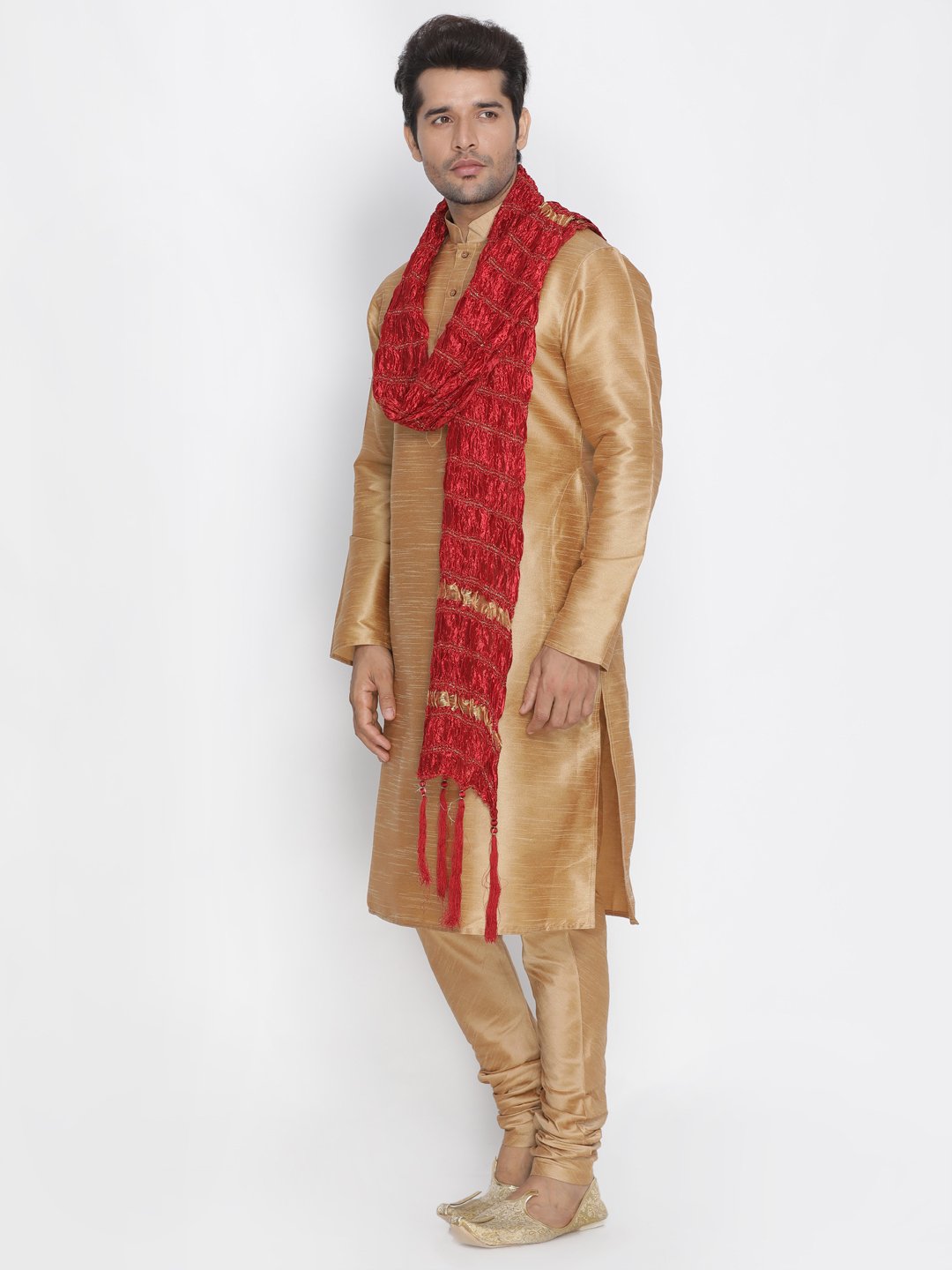 Men's Gold Silk Blend Kurta, Pyjama & Dupatta Set